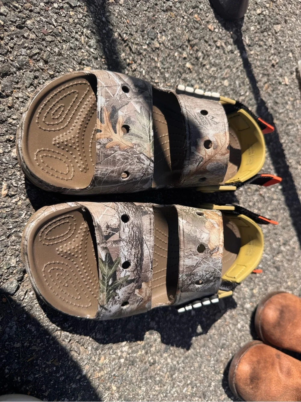CROCS Men’s ' Brown Camo Strap Sandals with Yellow Accents